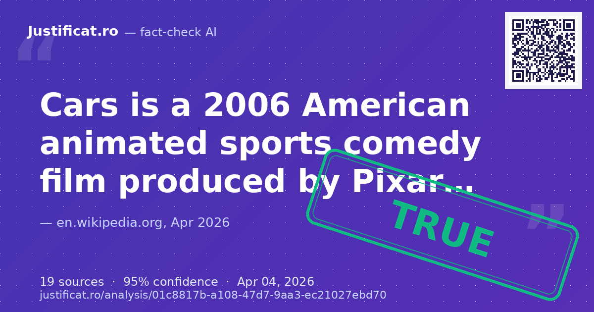 The provided text is a detailed description of the 2006 Pixar animated film "Cars", including its plot, pro… — rated ADEVĂRAT