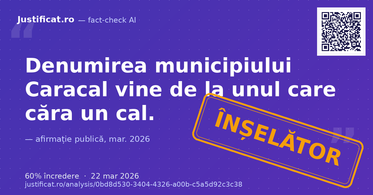 O imagine care prezintă un bărbat cărând un cal, însoțită de textul "DENUMIREA MUNICIPIULUI CARACAL VINE… — verdict ÎNȘELĂTOR