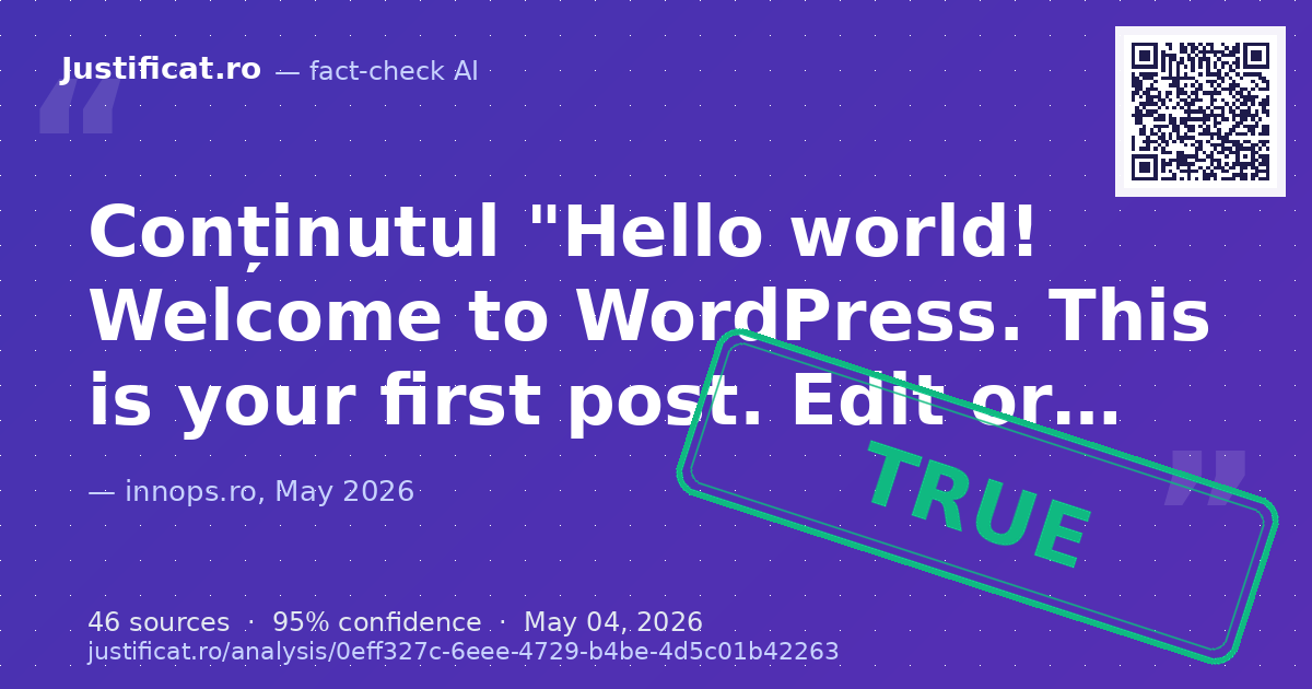 Titlul și conținutul unui articol intitulat "Hello world!", care se prezintă ca fiind prima postare implici… — rated ADEVĂRAT
