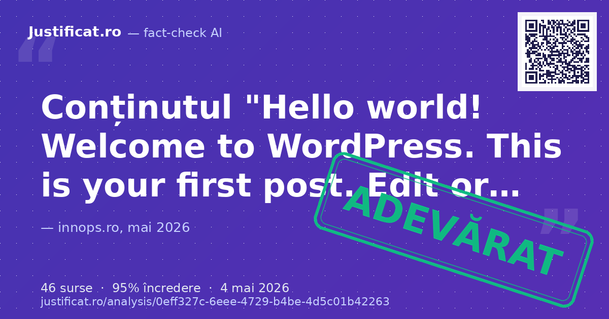 Titlul și conținutul unui articol intitulat "Hello world!", care se prezintă ca fiind prima postare impli… — verdict ADEVĂRAT