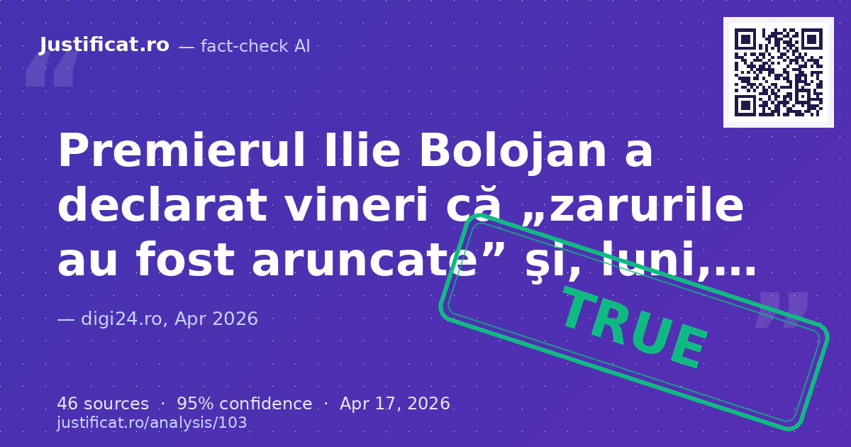 Articolul raportează declarațiile premierului Ilie Bolojan făcute vineri, 17 aprilie 2026, la Radio România… — rated ADEVĂRAT