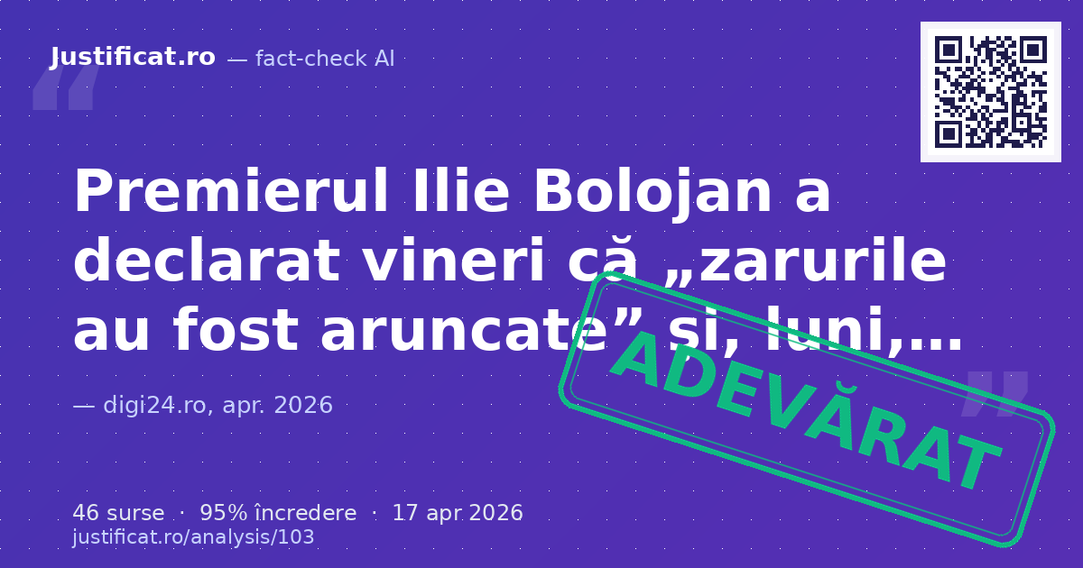 Articolul raportează declarațiile premierului Ilie Bolojan făcute vineri, 17 aprilie 2026, la Radio Român… — verdict ADEVĂRAT
