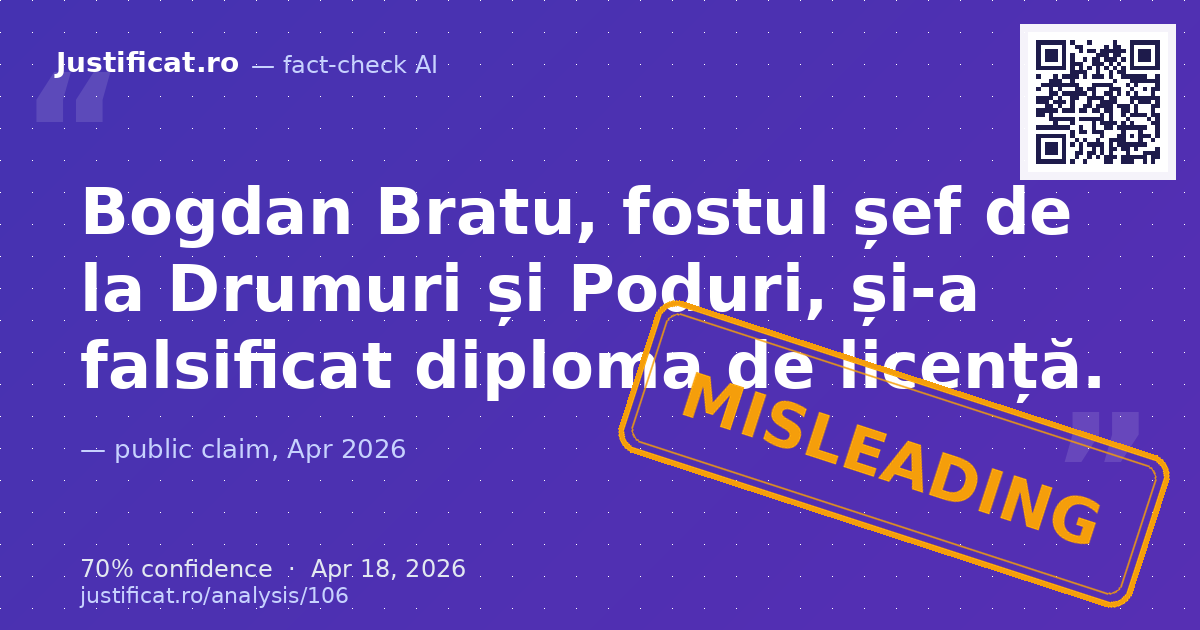 O imagine care prezintă un titlu de articol de pe adevărul.ro, afirmând că Bogdan Bratu, fost șef la Drumu… — rated ÎNȘELĂTOR