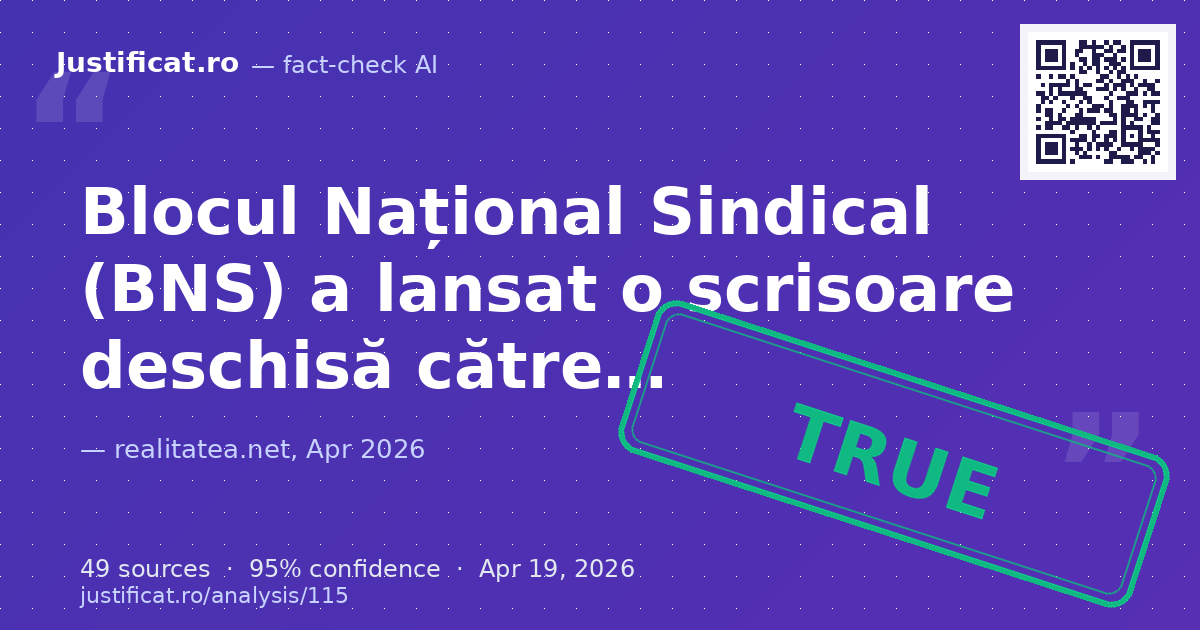 Articolul prezintă conținutul unei scrisori deschise a Blocului Național Sindical (BNS) adresate președinte… — rated ADEVĂRAT