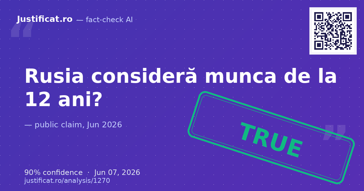 Afirmația din imagine conform căreia Rusia ia în considerare coborârea vârstei de muncă la 12 ani pentru a… — rated ADEVĂRAT