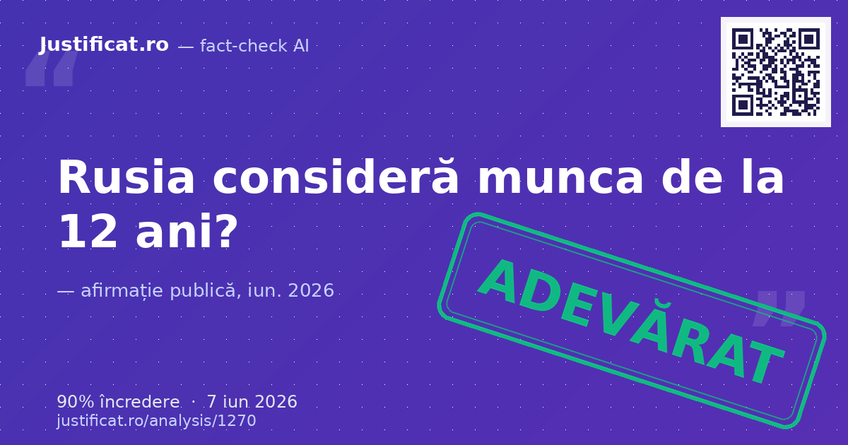 Afirmația din imagine conform căreia Rusia ia în considerare coborârea vârstei de muncă la 12 ani pentru… — verdict ADEVĂRAT