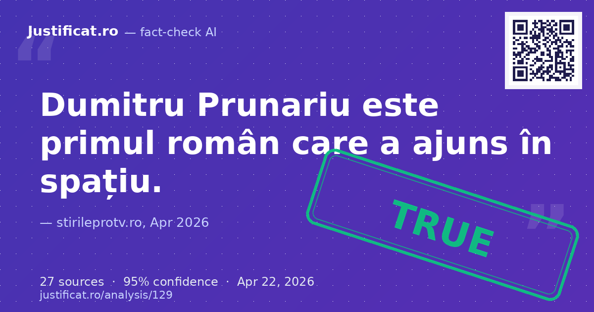 Articolul prezintă informații despre Dumitru Prunariu, primul român în spațiu, și despre acordarea titlului… — rated ADEVĂRAT
