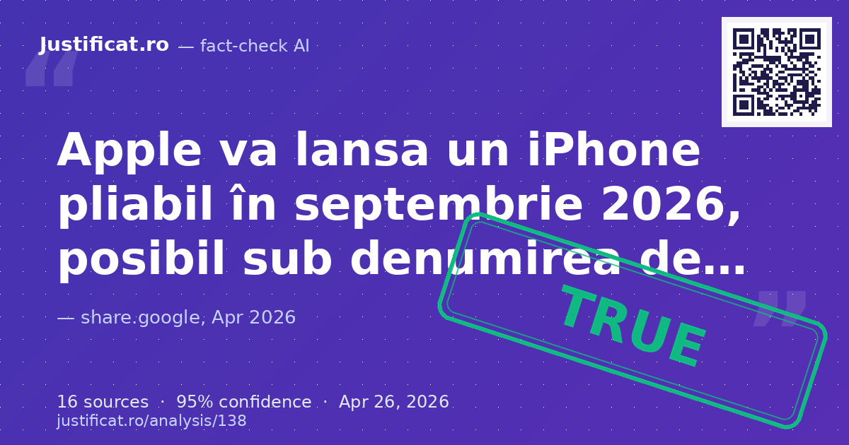 Articolul prezintă informații despre un viitor iPhone pliabil, inclusiv posibile nume, data lansării, speci… — rated ADEVĂRAT