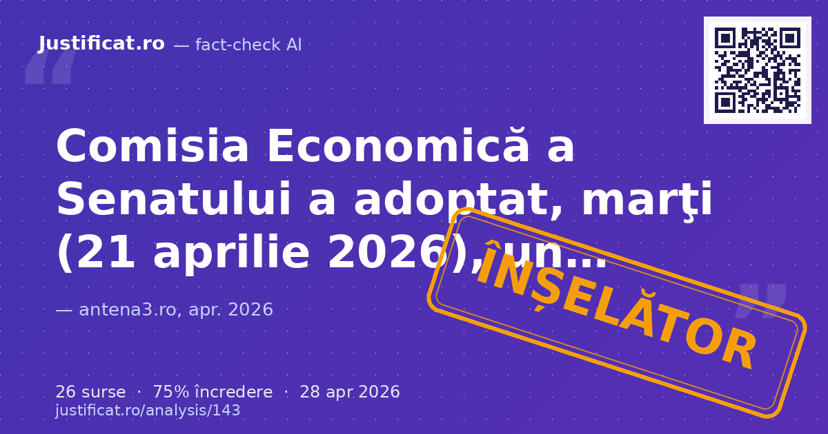 Articolul afirmă că, pe 21 aprilie 2026, Comisia Economică a Senatului a adoptat un amendament depus de… — verdict ÎNȘELĂTOR
