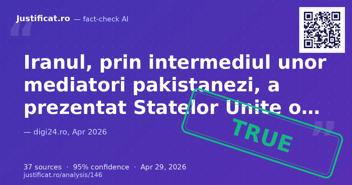 Articolul relatează că Iranul, prin mediatori pakistanezi, a prezentat Statelor Unite o nouă propunere pent… — rated ADEVĂRAT
