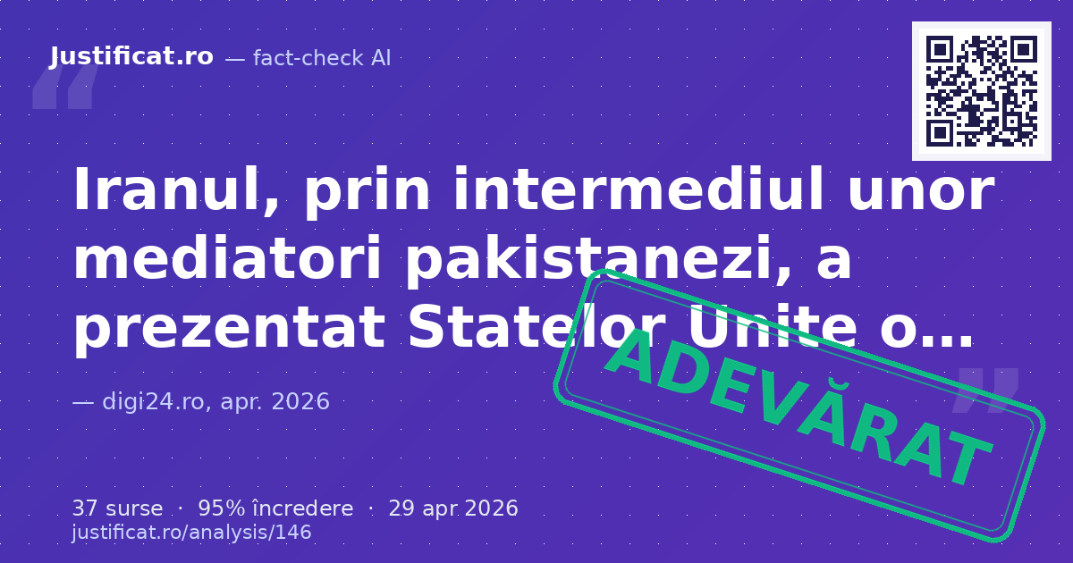 Articolul relatează că Iranul, prin mediatori pakistanezi, a prezentat Statelor Unite o nouă propunere pe… — verdict ADEVĂRAT