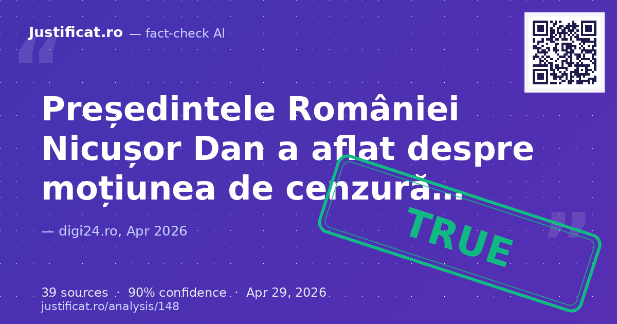 Articolul Digi24 relatează modul în care președintele Nicușor Dan ar fi aflat despre moțiunea de cenzură co… — rated ADEVĂRAT