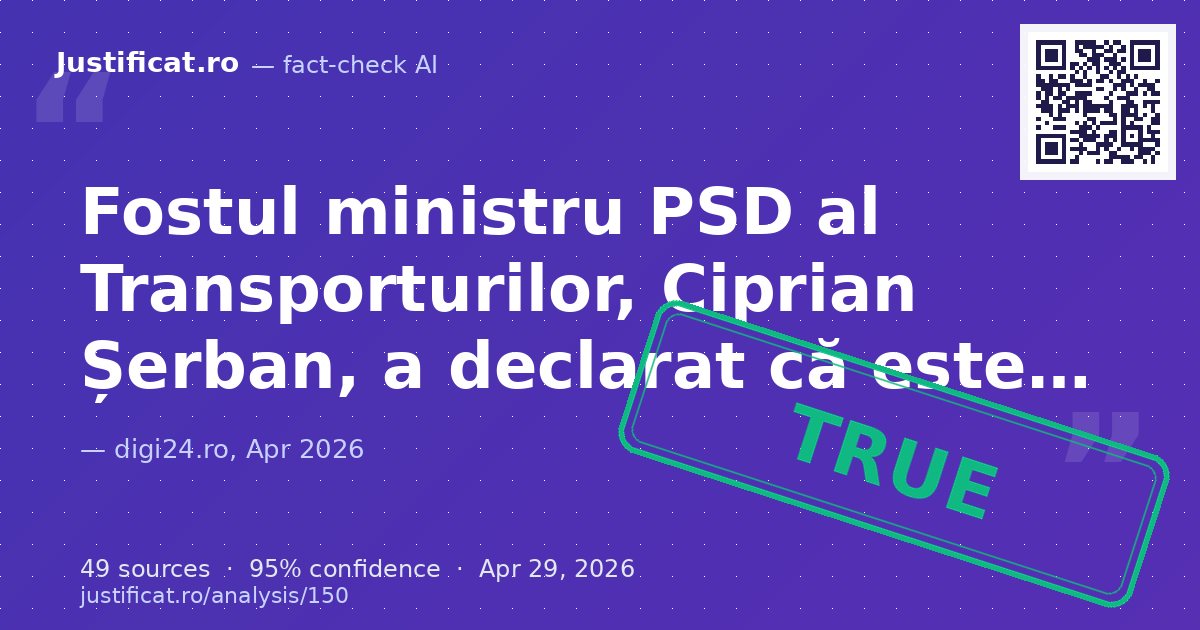 Articolul raportează declarațiile fostului ministru PSD al Transporturilor, Ciprian Șerban, referitoare la… — rated ADEVĂRAT