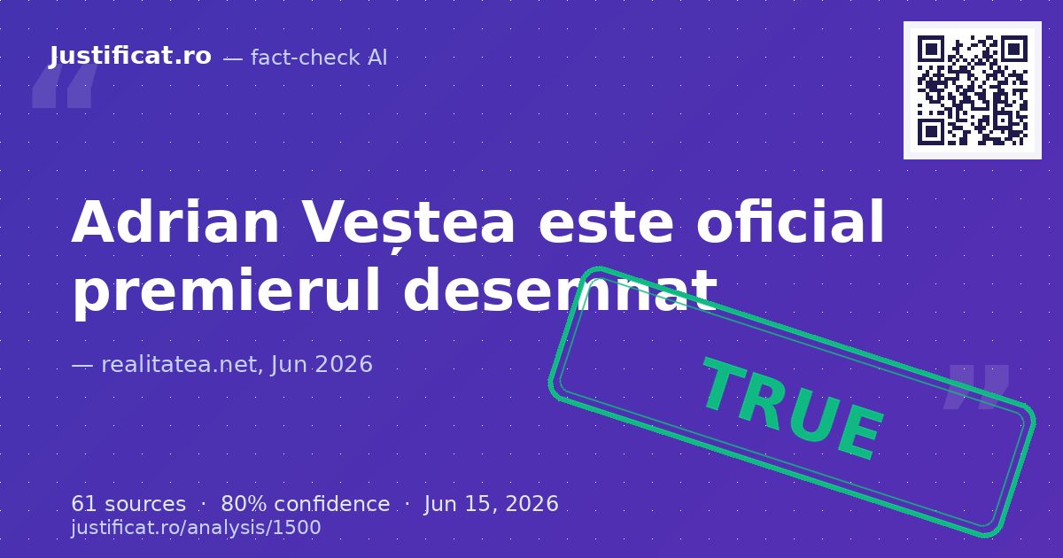 Articolul prezintă desemnarea lui Adrian Veștea ca premier de către președintele Nicușor Dan, reacț… — rated APROAPE ADEVĂRAT