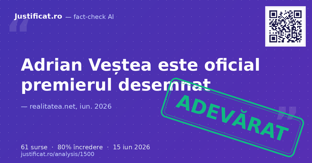 Articolul prezintă desemnarea lui Adrian Veștea ca premier de către președintele Nicușor Dan, rea… — verdict APROAPE ADEVĂRAT