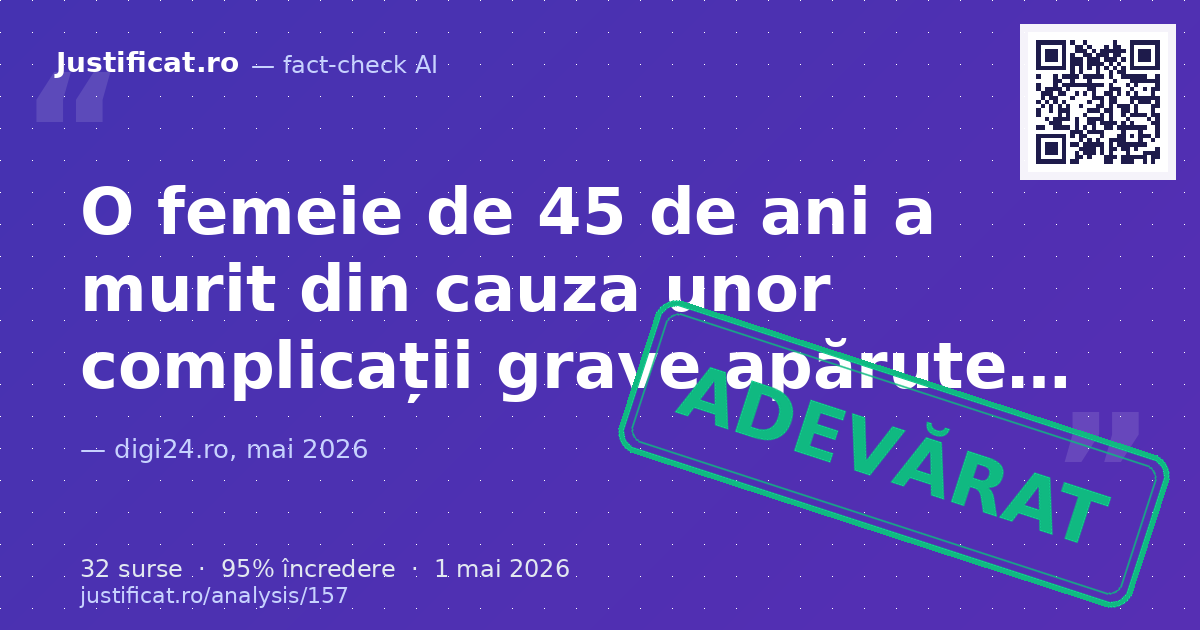 Articolul relatează despre decesul unei femei de 45 de ani în urma unor complicații apărute în timpul unu… — verdict ADEVĂRAT