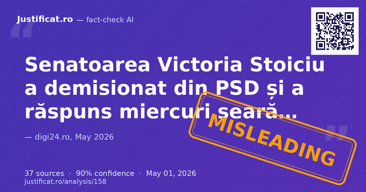 Articolul relatează despre demisia senatoarei Victoria Stoiciu din PSD, motivele acesteia, răspunsul ei la… — rated ÎNȘELĂTOR