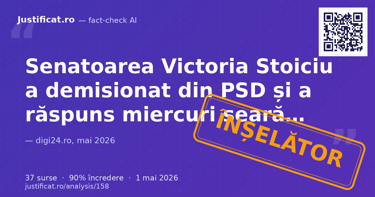 Articolul relatează despre demisia senatoarei Victoria Stoiciu din PSD, motivele acesteia, răspunsul ei… — verdict ÎNȘELĂTOR