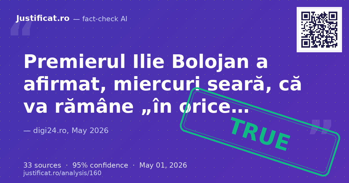 Articolul raportează declarațiile Premierului Ilie Bolojan, făcute miercuri seară (29 aprilie 2026) la TVR… — rated ADEVĂRAT