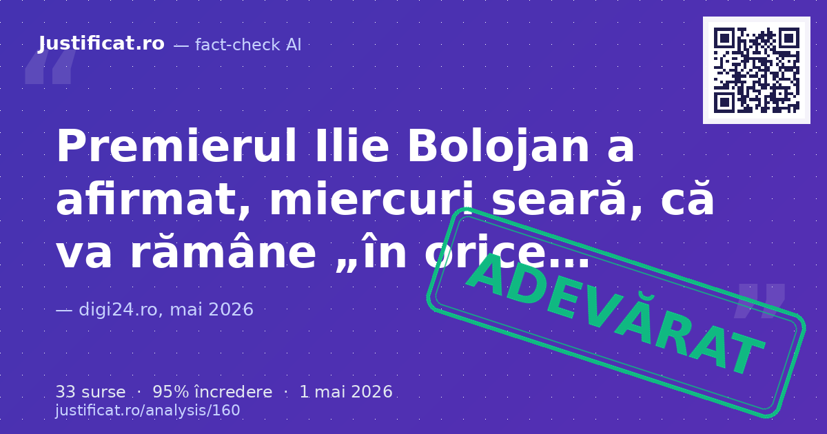 Articolul raportează declarațiile Premierului Ilie Bolojan, făcute miercuri seară (29 aprilie 2026) la TV… — verdict ADEVĂRAT