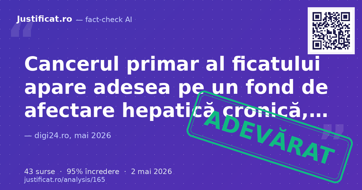 Articolul oferă informații medicale despre cancerul primar al ficatului (hepatocarcinom), cauzele, simpto… — verdict ADEVĂRAT