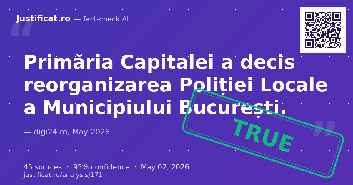 Articolul raportează decizia Primăriei Capitalei de a reorganiza Poliția Locală a Municipiului București, i… — rated ADEVĂRAT