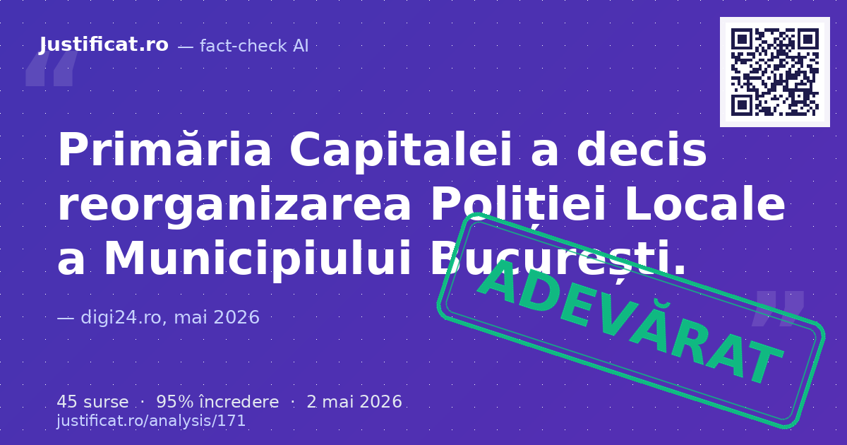 Articolul raportează decizia Primăriei Capitalei de a reorganiza Poliția Locală a Municipiului București,… — verdict ADEVĂRAT