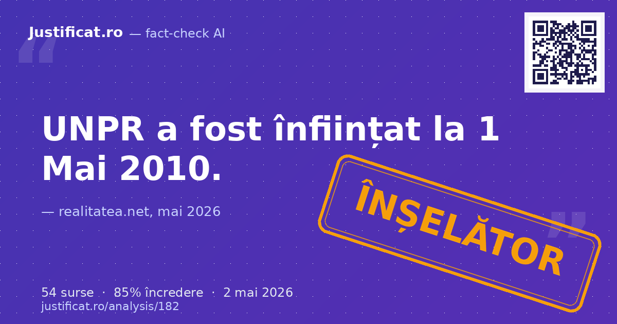 Articolul celebrează 16 ani de la înființarea UNPR (Uniunea Națională pentru Progresul României) pe 1 ma… — verdict ÎNȘELĂTOR