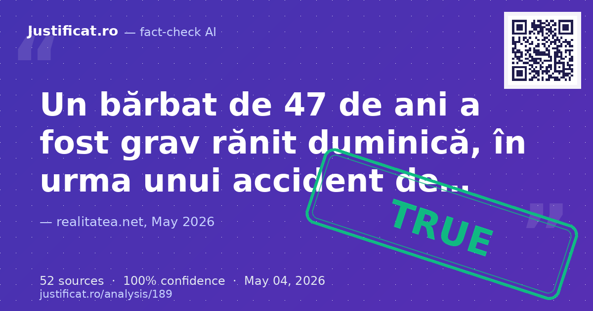 Articolul raportează despre un bărbat de 47 de ani rănit grav într-un accident de muncă cu un utilaj agrico… — rated ADEVĂRAT