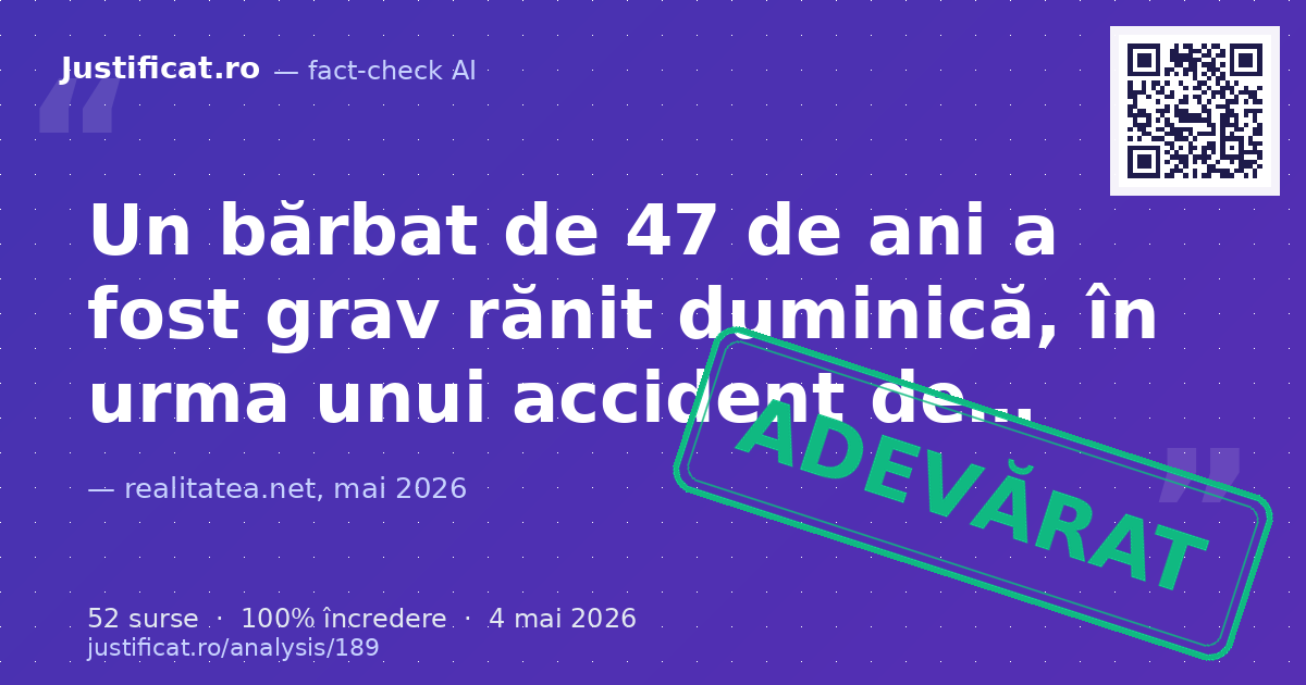 Articolul raportează despre un bărbat de 47 de ani rănit grav într-un accident de muncă cu un utilaj agri… — verdict ADEVĂRAT