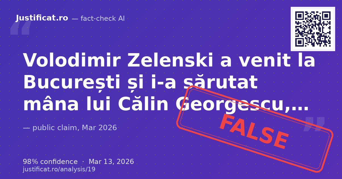 O imagine virală care îl prezintă pe Volodimir Zelenski sărutând mâna lui Călin Georgescu, cu mesajul că acesta… — rated FALS