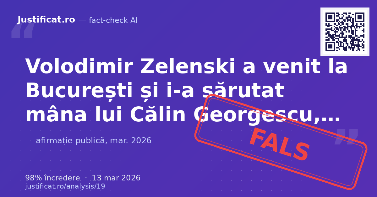 O imagine virală care îl prezintă pe Volodimir Zelenski sărutând mâna lui Călin Georgescu, cu mesajul că aces… — verdict FALS