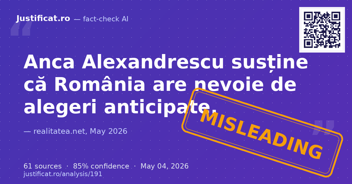 Articolul raportează declarațiile Ancăi Alexandrescu, care susține că România are nevoie de alegeri antici… — rated ÎNȘELĂTOR