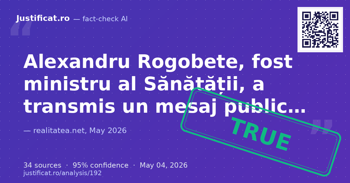 Articolul raportează un mesaj public transmis de Alexandru Rogobete, fost ministru al Sănătății, înaintea u… — rated ADEVĂRAT