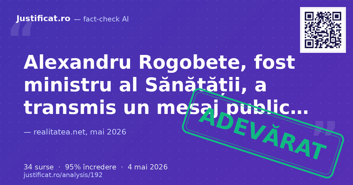 Articolul raportează un mesaj public transmis de Alexandru Rogobete, fost ministru al Sănătății, înaintea… — verdict ADEVĂRAT