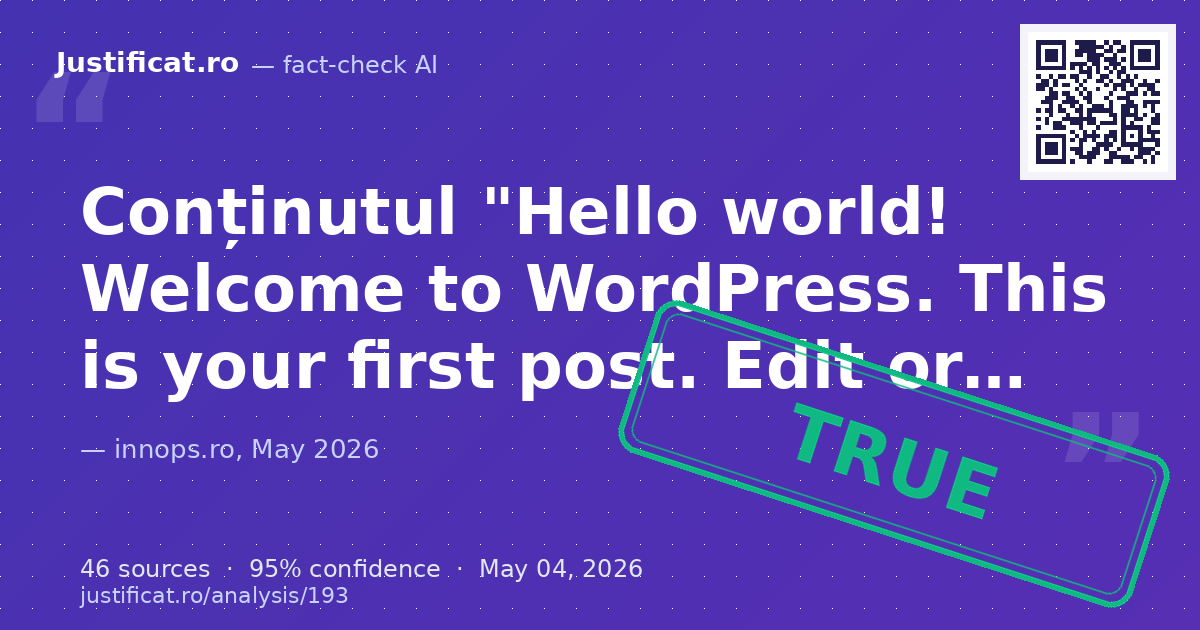 Titlul și conținutul unui articol intitulat "Hello world!", care se prezintă ca fiind prima postare implici… — rated ADEVĂRAT