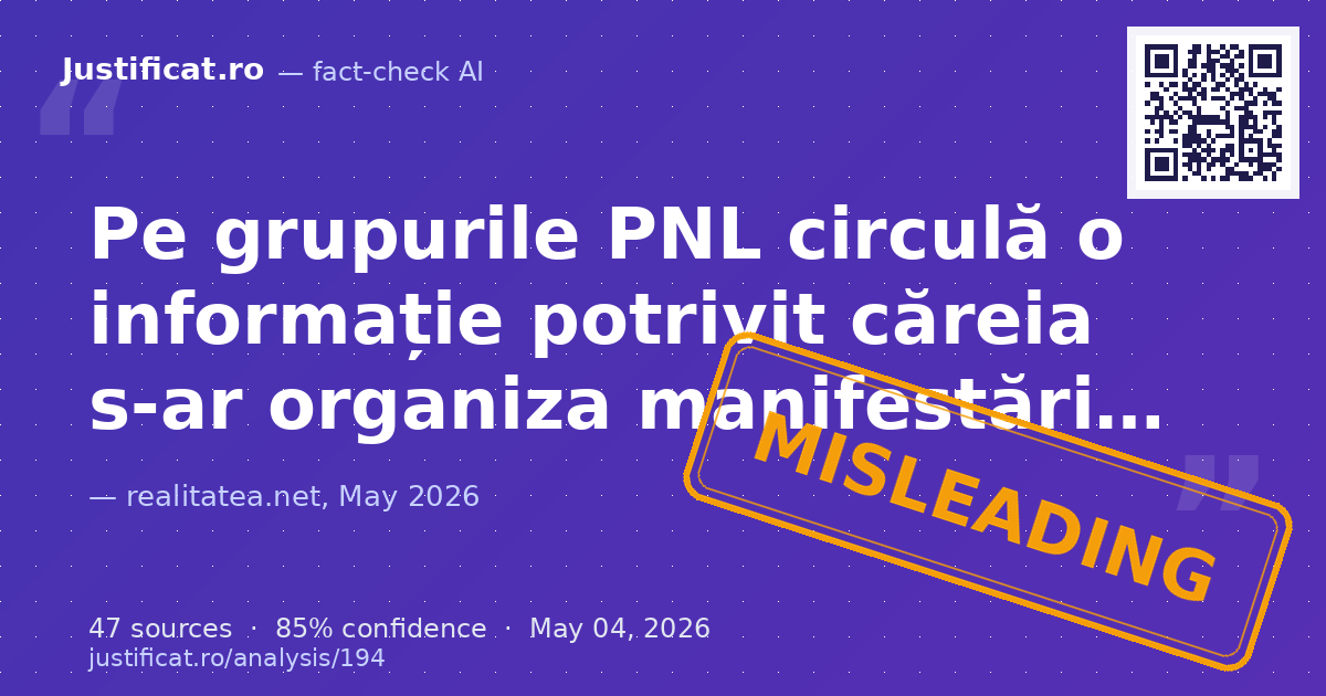 Articolul afirmă că pe grupurile PNL circulă informații despre o manifestație de susținere a lui Ilie Bolo… — rated ÎNȘELĂTOR
