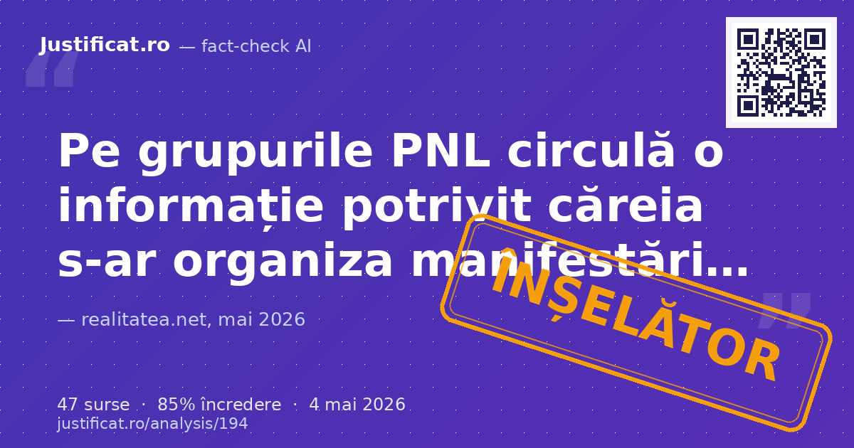 Articolul afirmă că pe grupurile PNL circulă informații despre o manifestație de susținere a lui Ilie Bo… — verdict ÎNȘELĂTOR