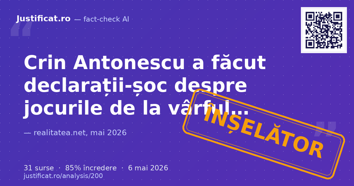 Articolul relatează o presupusă „declarație-șoc” a lui Crin Antonescu, în care acesta ar afirma că îl si… — verdict ÎNȘELĂTOR