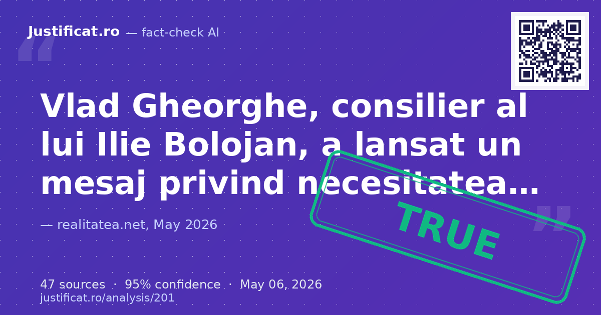 Articolul raportează declarația lui Vlad Gheorghe, consilier al lui Ilie Bolojan, privind necesitatea unei… — rated ADEVĂRAT