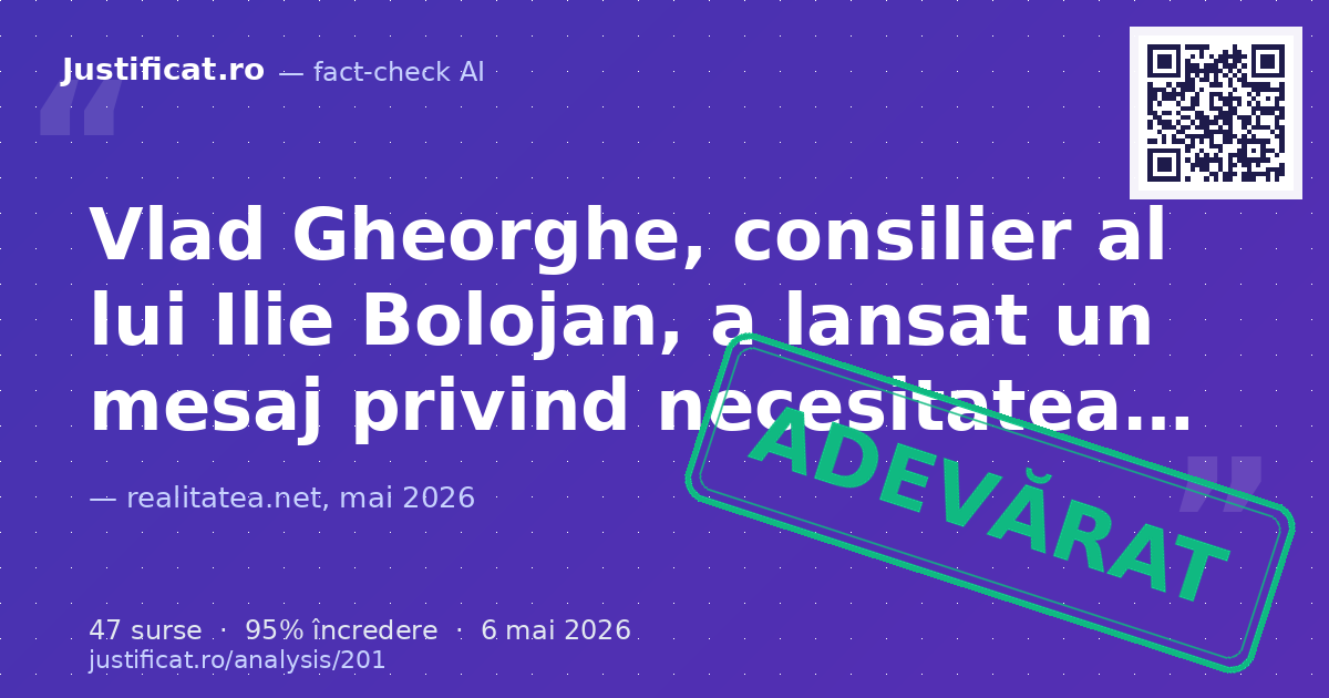 Articolul raportează declarația lui Vlad Gheorghe, consilier al lui Ilie Bolojan, privind necesitatea une… — verdict ADEVĂRAT