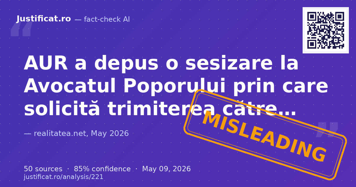 Articolul, etichetat ca material publicitar politic al AUR, raportează acțiunea partidului de a sesiza Avo… — rated ÎNȘELĂTOR