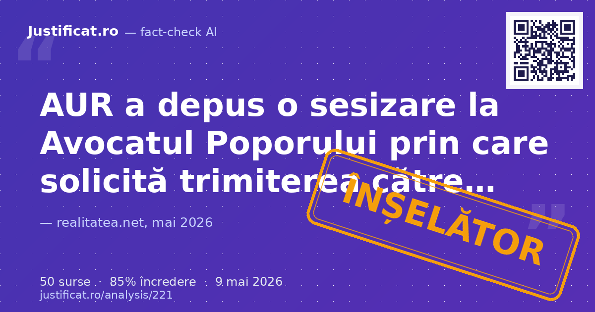 Articolul, etichetat ca material publicitar politic al AUR, raportează acțiunea partidului de a sesiza A… — verdict ÎNȘELĂTOR
