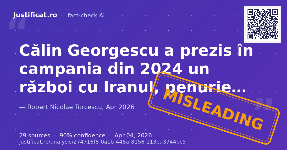 Segmentul video analizează afirmațiile unui vorbitor (Robert Turcescu) care susține că Călin Georgescu ar… — rated ÎNȘELĂTOR