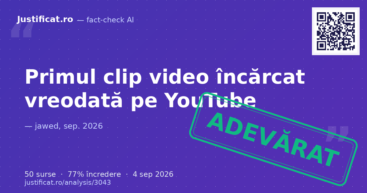 Segmentul video și transcrierea primului clip încărcat pe platforma YouTube („Me at the zoo”), în care co… — verdict ADEVĂRAT