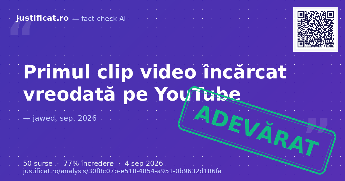 Segmentul video și transcrierea primului clip încărcat pe platforma YouTube („Me at the zoo”), în care co… — verdict ADEVĂRAT