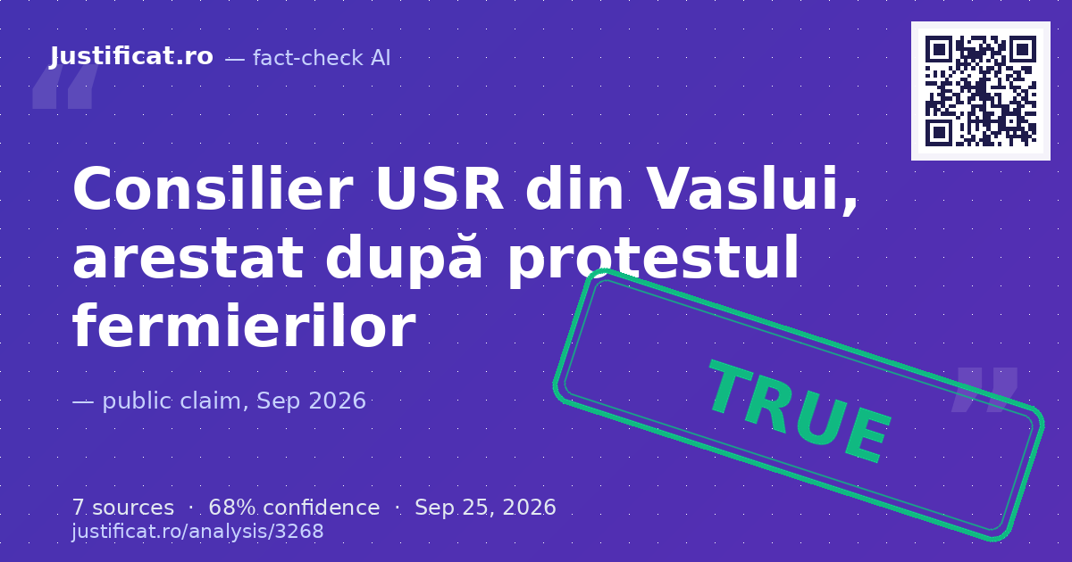 Afirmația conform căreia un consilier local USR din județul Vaslui a fost arestat pentru acte de violență l… — rated ADEVĂRAT