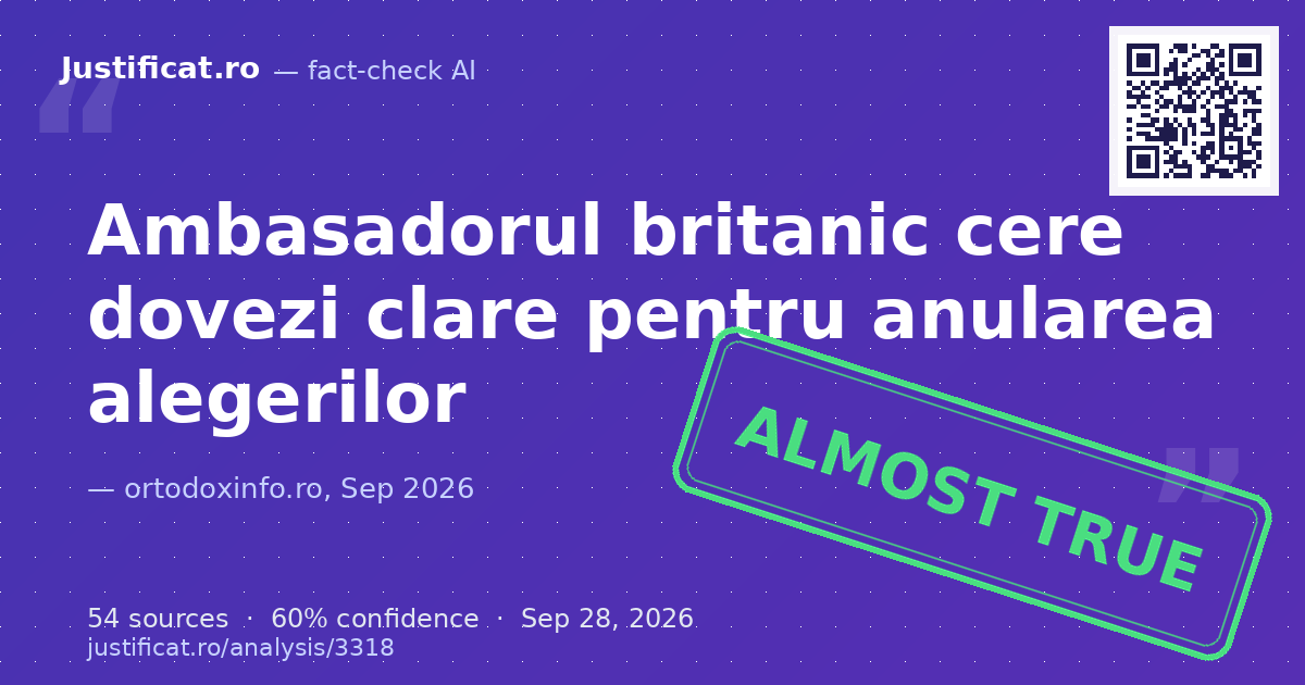 A fost verificată relatarea declarațiilor făcute de ambasadorul Regatului Unit la București, Giles… — rated APROAPE ADEVĂRAT