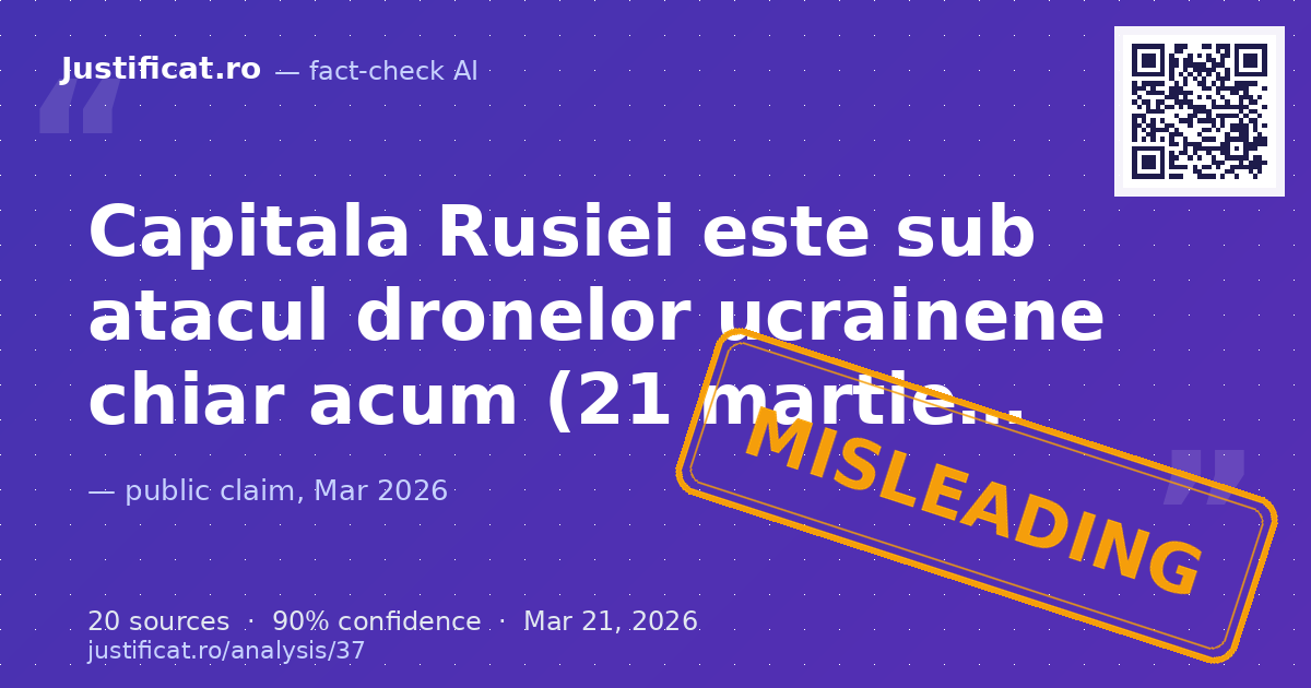 Textul descrie un atac masiv cu drone ucrainene asupra Moscovei, prezentându-l ca fiind în desfășurare "ch… — rated ÎNȘELĂTOR