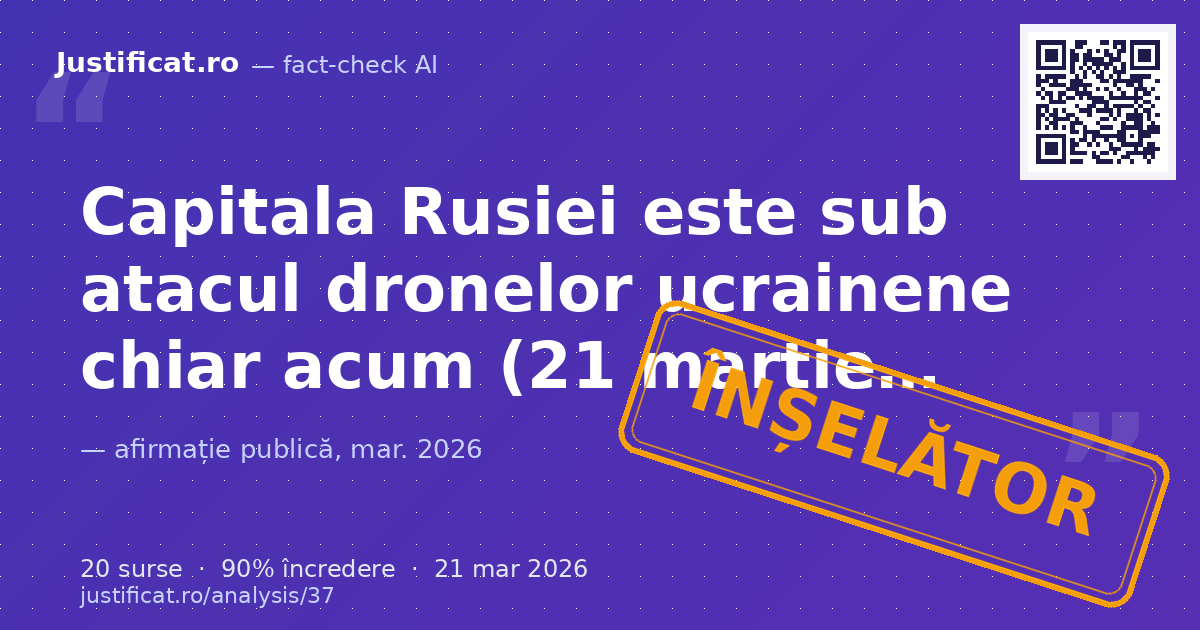 Textul descrie un atac masiv cu drone ucrainene asupra Moscovei, prezentându-l ca fiind în desfășurare "… — verdict ÎNȘELĂTOR